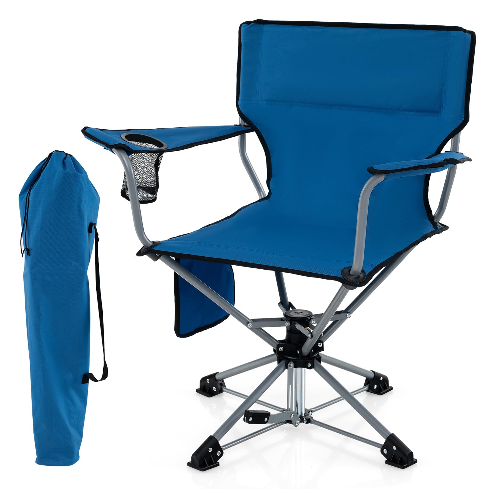 Tangkula Swivel Camping Chair, Portable Lawn Chair with Cup Holder, Storage Pocket, Carrying Bag